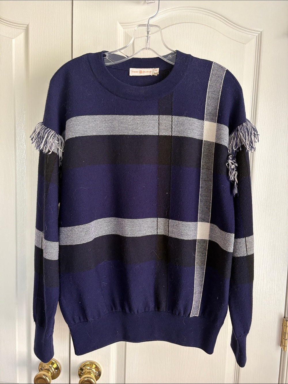 Tory Burch Navy and Gray Plaid Fringe Crewneck Sweater